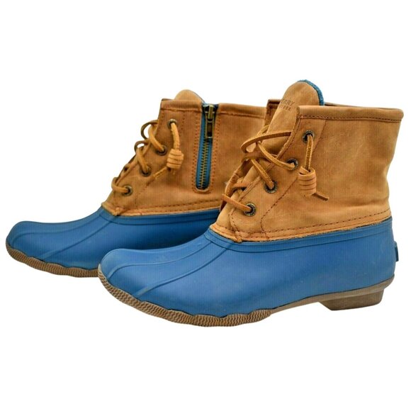 SPERRY Women's Saltwater Petrol Tan & Blue Duck Boots 6 M Rubber Rain Boots - Picture 1 of 7